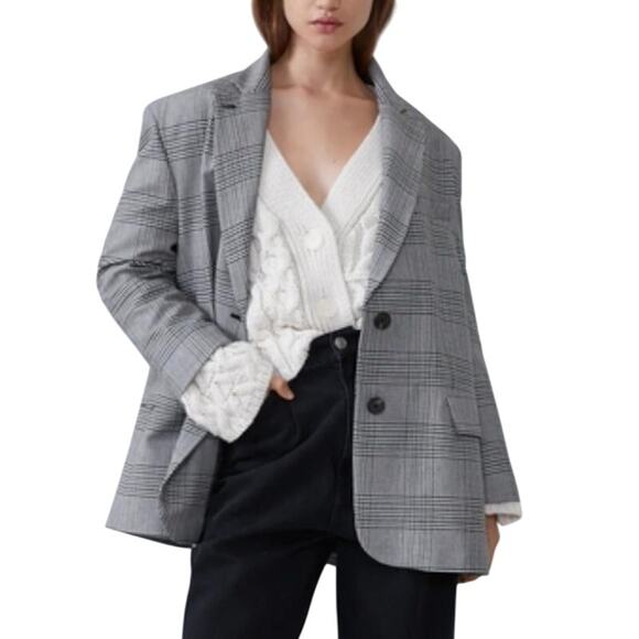 Zara S Womens Oversized Plaid Check Gray Blazer Jacket Boxy Menswear Inspired - Picture 1 of 11